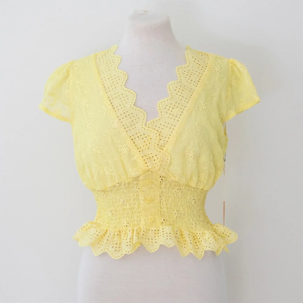 NWT Rose and Grey Yellow Eyelet Floral Lace Top Smocked Waist Sheer Size Medium - Picture 1 of 7
